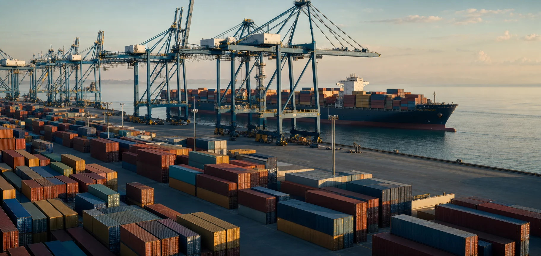 Porto internacional com contêineres, guindastes e navio cargueiro, representando exportação e internacionalização regulatória