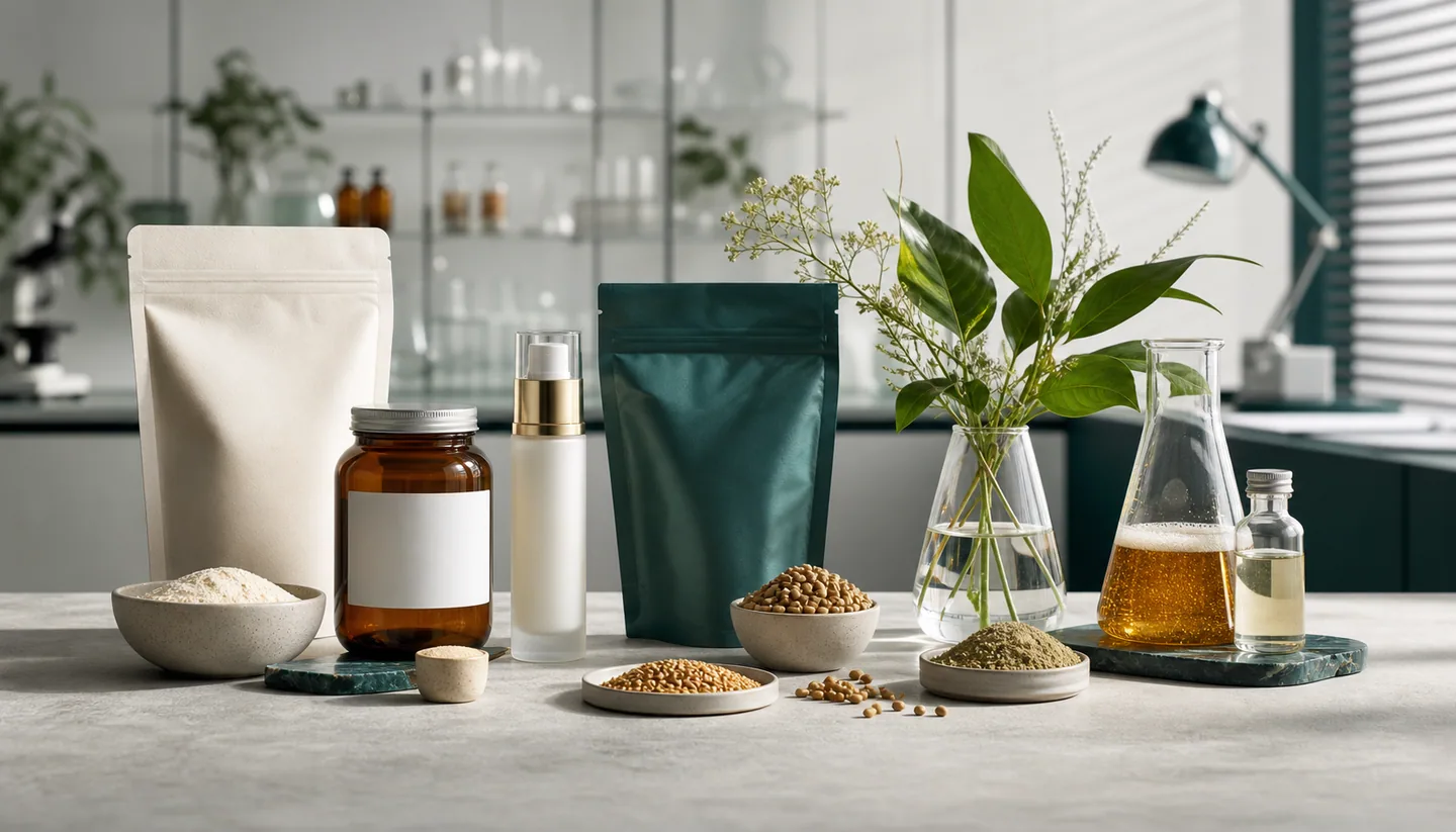 Composição de produtos, ingredientes, plantas e materiais técnicos representando diferentes setores regulados