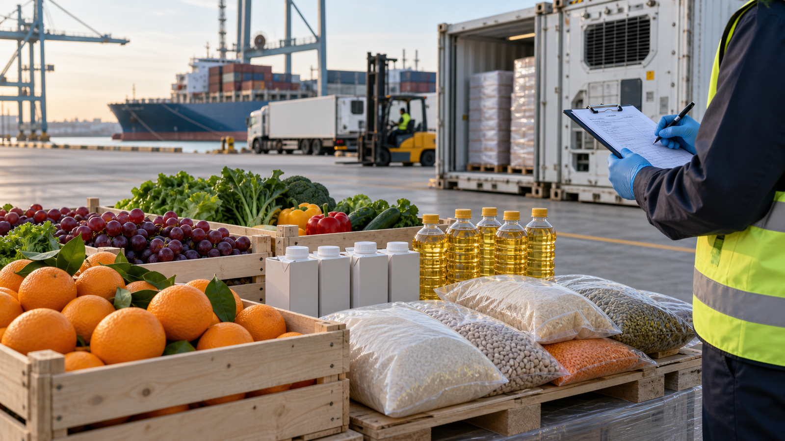 Fiscalização de importação de alimentos com caixas de laranjas, sacos de sementes e óleos vegetais